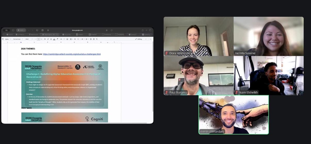 The Friction team on a video call during the build, with the EduX challenge brief shared on screen.